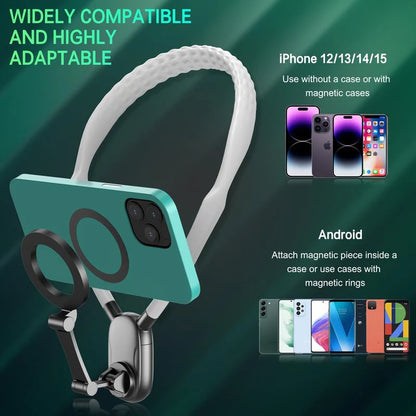 Magnetic Neck Mount for Phones, Neck Cell Phone Holder Pov/Vlog Selfie Mount Hand Free Phone Neck Holder Chest Stand Strap Video Recording for Iphone 16 15 14 13 12 Series Android Phones,Action Camera Accessories Smartphone