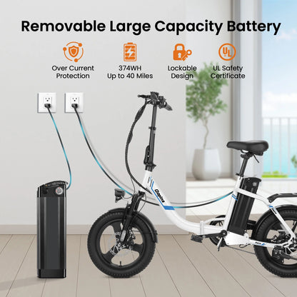 Electric Bike Folding Electric Cruiser Bike 350W Step-Through Electric Bike 16" X 3.0 Fat Tire Electric Bike 20MPH & 50 Miles Commuter Electric Bike, UL2849 Certified