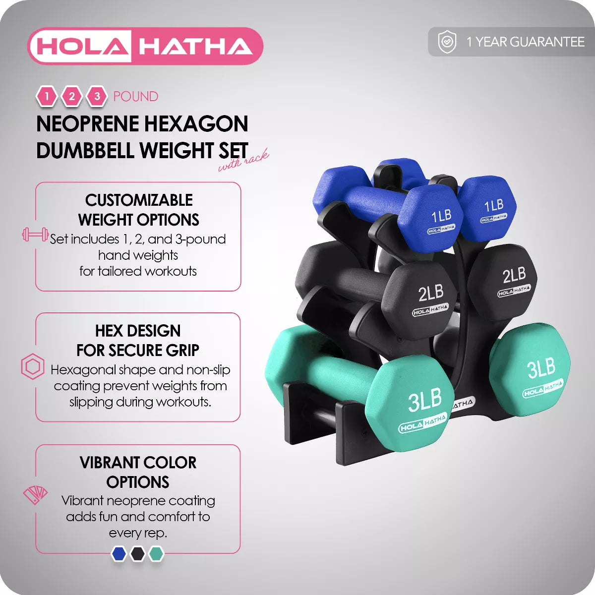 Holahatha Hex Dumbbell Set with Hand Weights and Storage Rack