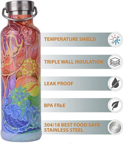 25Oz Insulated Water Bottle with Straw, Bonus Lids and Leak Proof Flask to Keep Liquids Hot or Cold- Triple Wall Vacuum Water Bottle Insulated, Perfect for Gifts