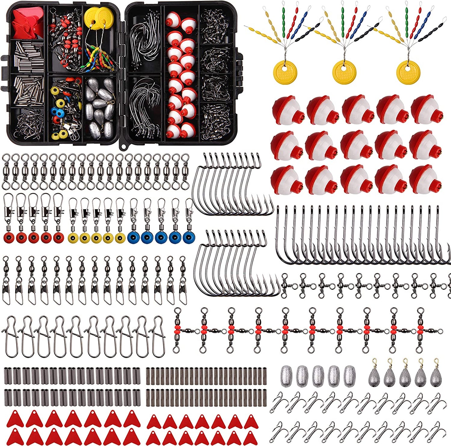 Fishing Accessories Tackle Kit Box-Sinker Weights, Crossline Barrel Swivel, Swivel Snap, Hooks, Sinker Slides, Fishing Bead with Tackle Box