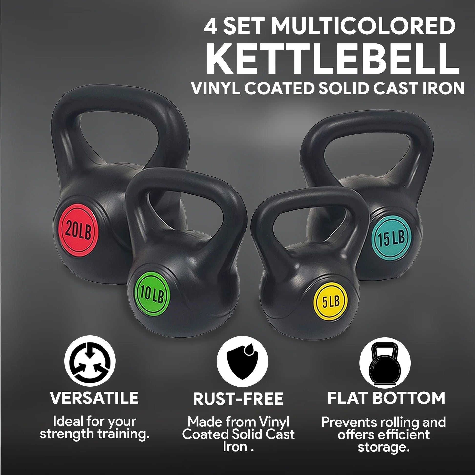 Wide Grip 4 Piece Kettlebell Exercise Fitness Weight Set, Includes 5 Lbs, 10 Lbs, 15 Lbs, 20 Lbs