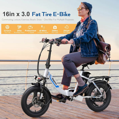 Electric Bike Folding Electric Cruiser Bike 350W Step-Through Electric Bike 16" X 3.0 Fat Tire Electric Bike 20MPH & 50 Miles Commuter Electric Bike, UL2849 Certified