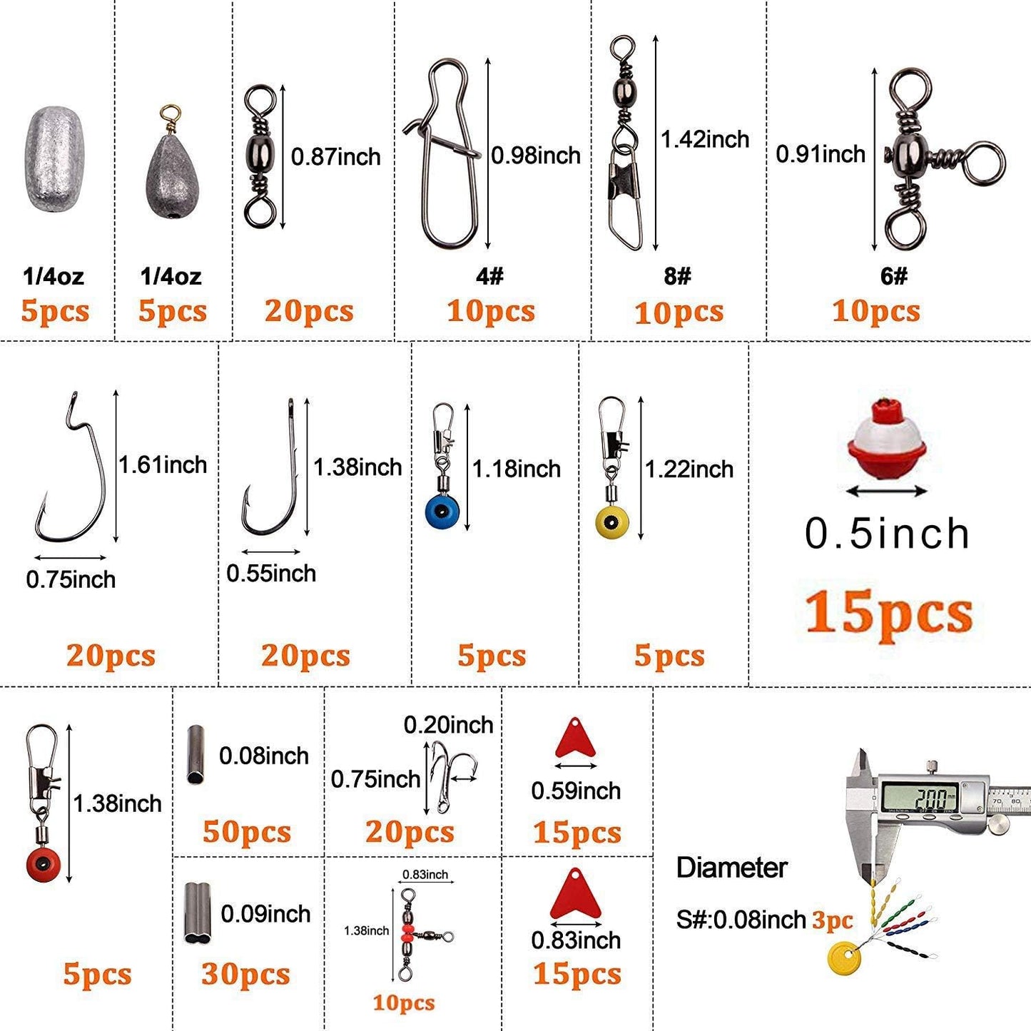 Fishing Accessories Tackle Kit Box-Sinker Weights, Crossline Barrel Swivel, Swivel Snap, Hooks, Sinker Slides, Fishing Bead with Tackle Box