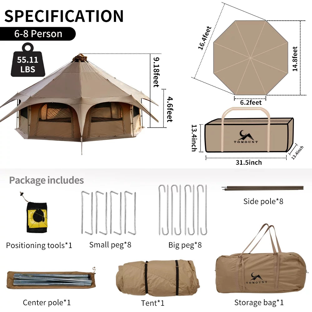 Canvas Tent 8-Person Yurt Tent with Stove Jack Bell Tent for Camping Luxury Glamping Yurt Tent 16.4Ft Dia