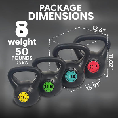 Wide Grip 4 Piece Kettlebell Exercise Fitness Weight Set, Includes 5 Lbs, 10 Lbs, 15 Lbs, 20 Lbs