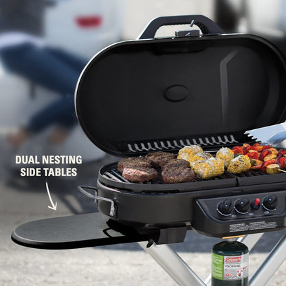 Roadtrip 285 Portable Stand-Up Propane Grill, Gas Grill with 3 Adjustable Burners and Instastart Push-Button Ignition; Grease Tray, Side Tables, Thermometer, Folding Legs & Wheels Included